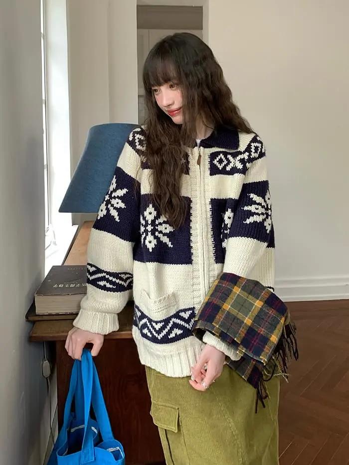 雪柄 ジャカード ZIP カーディガン LUMIYUMI