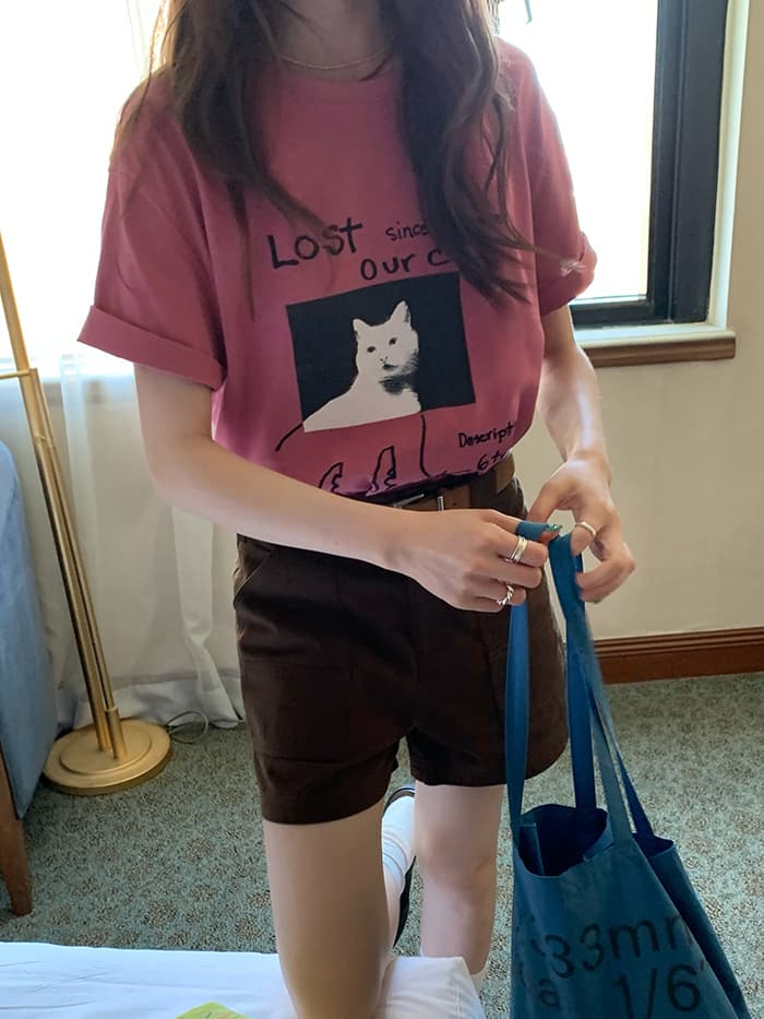 ネコプリント ラウンドネック ゆったりTシャツ LUMIYUMI