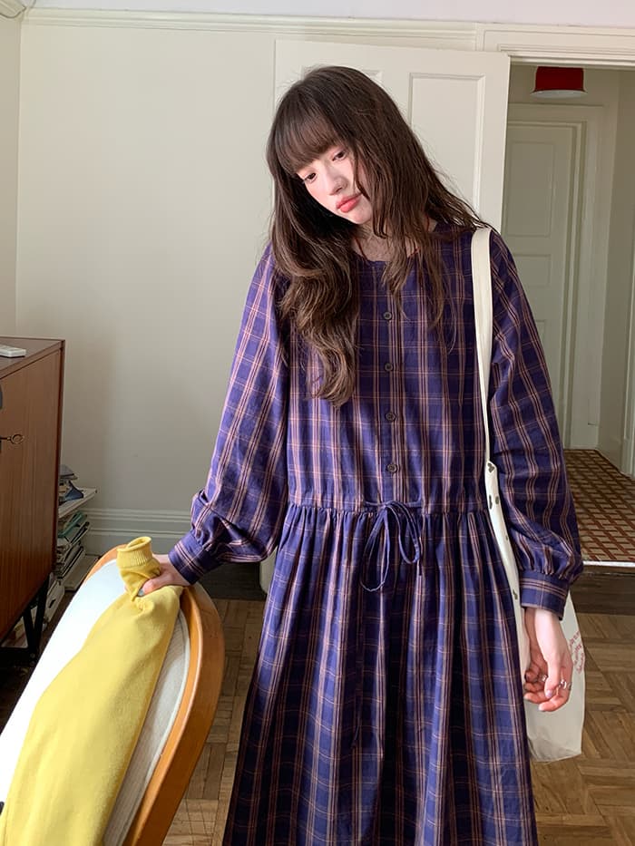 ゆったり Aライン 長袖 チェックワンピース LUMIYUMI