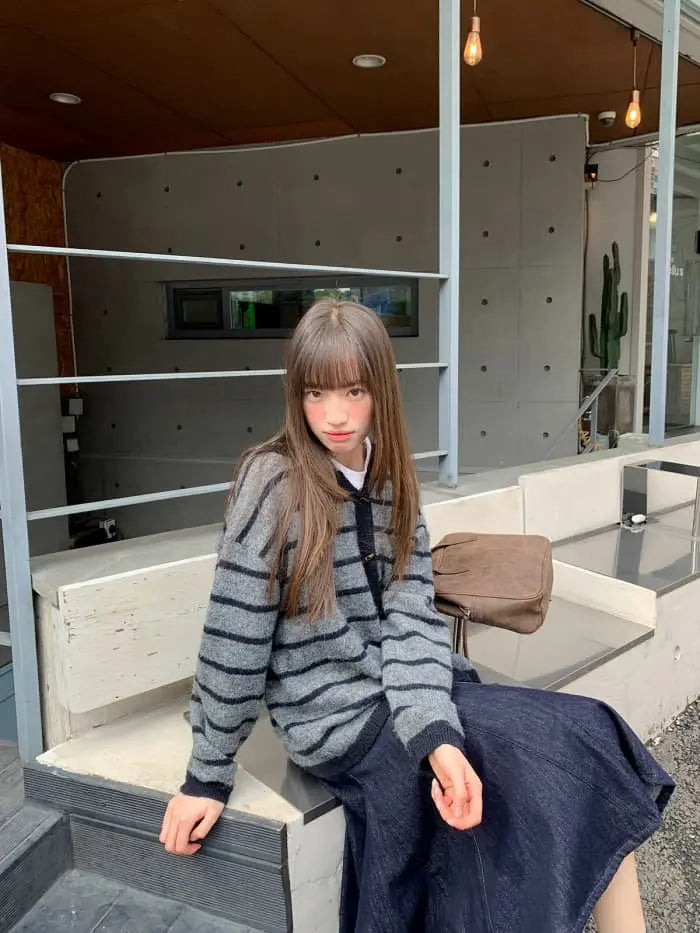 ゆったり フード付き ボーダー ニットカーディガン LUMIYUMI