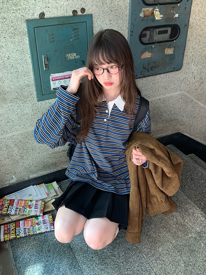ボーダー柄 ポロ襟 長袖 Tシャツ LUMIYUMI