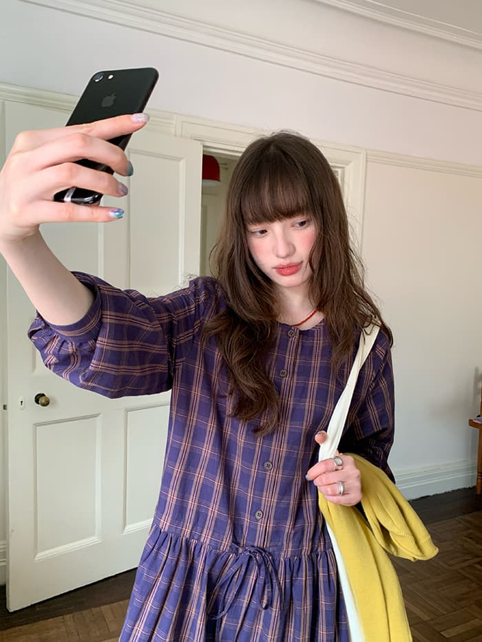 ゆったり Aライン 長袖 チェックワンピース LUMIYUMI