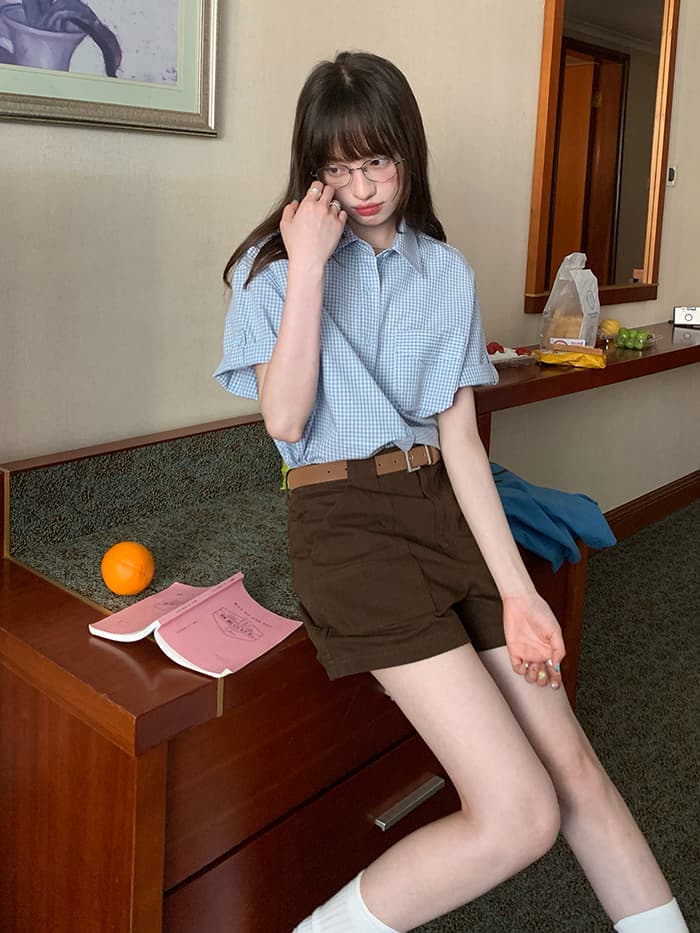 折り返し袖 チェック ゆったり 半袖シャツ LUMIYUMI