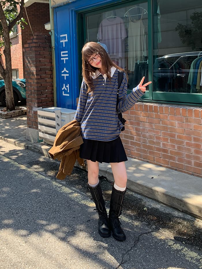 ボーダー柄 ポロ襟 長袖 Tシャツ LUMIYUMI