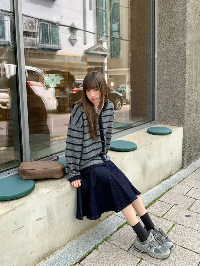 ゆったり フード付き ボーダー ニットカーディガン LUMIYUMI