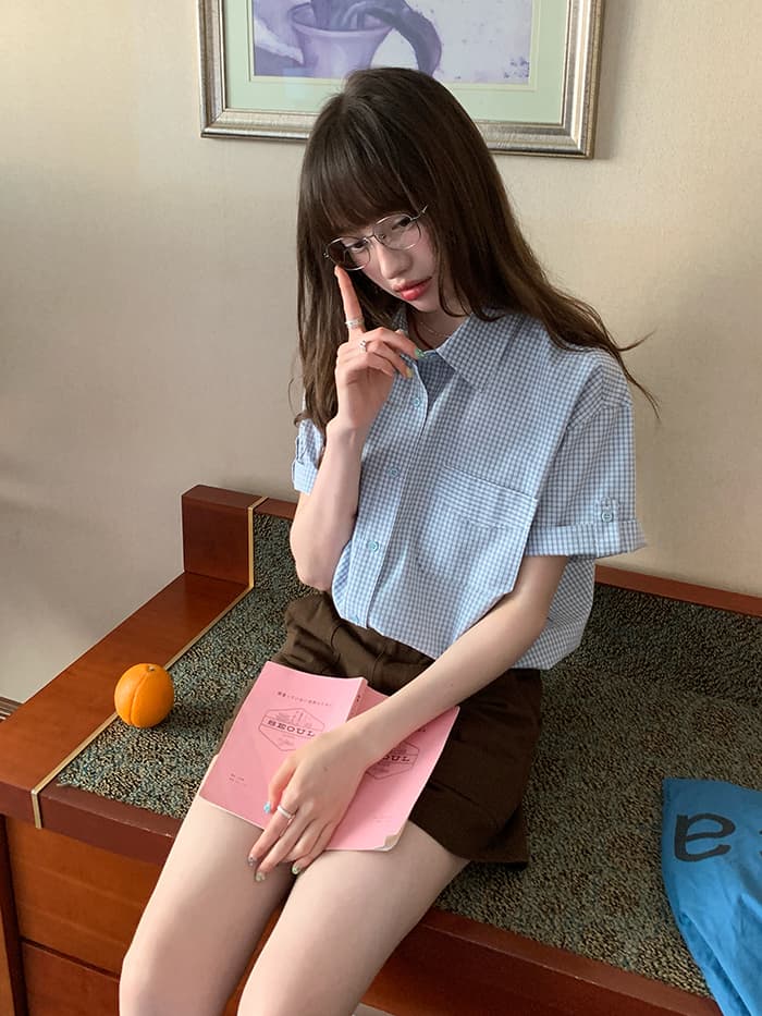 折り返し袖 チェック ゆったり 半袖シャツ LUMIYUMI