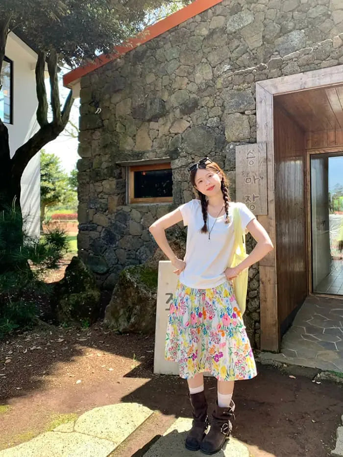 水彩風 花柄プリント フレアスカート LUMIYUMI