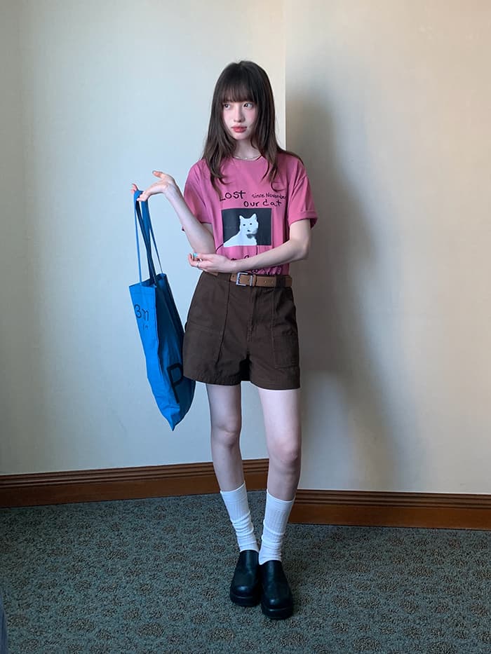 ネコプリント ラウンドネック ゆったりTシャツ LUMIYUMI