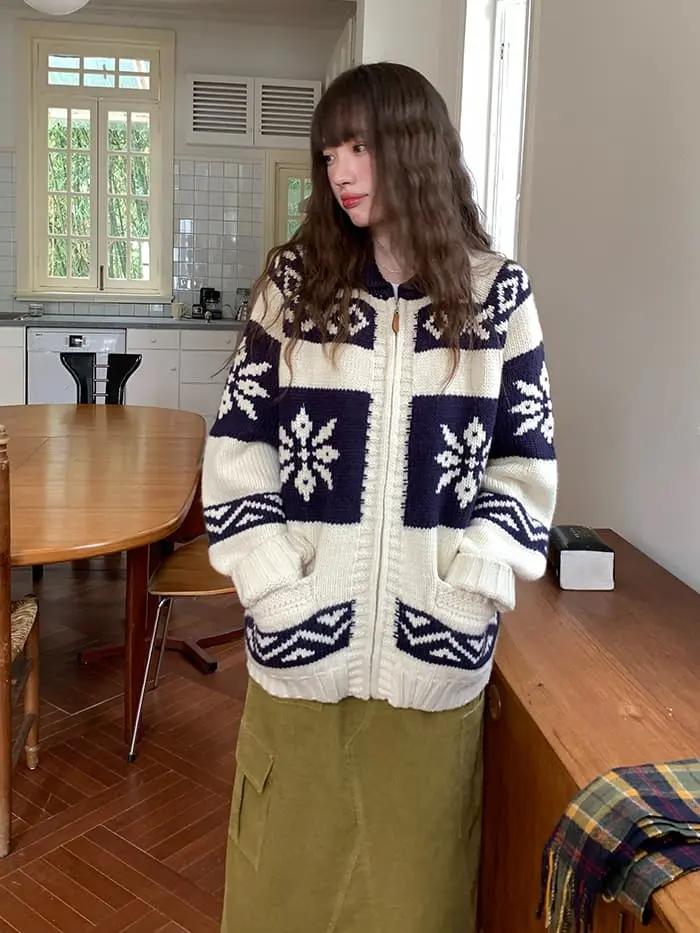 雪柄 ジャカード ZIP カーディガン LUMIYUMI