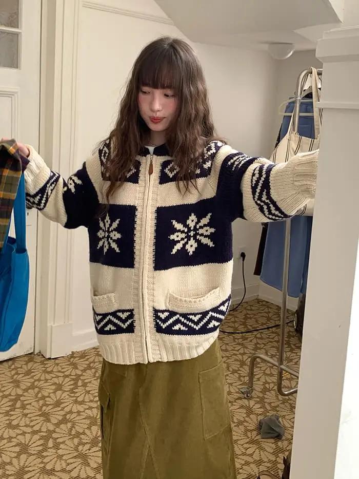 雪柄 ジャカード ZIP カーディガン LUMIYUMI