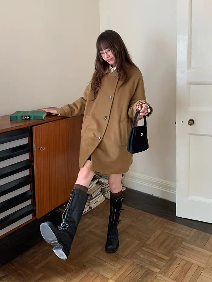 ウールブレンド 折り襟 ミドルコート- LUMIYUMI