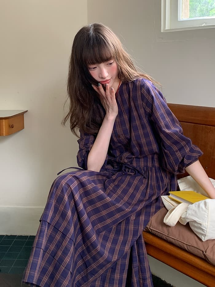 ゆったり Aライン 長袖 チェックワンピース LUMIYUMI