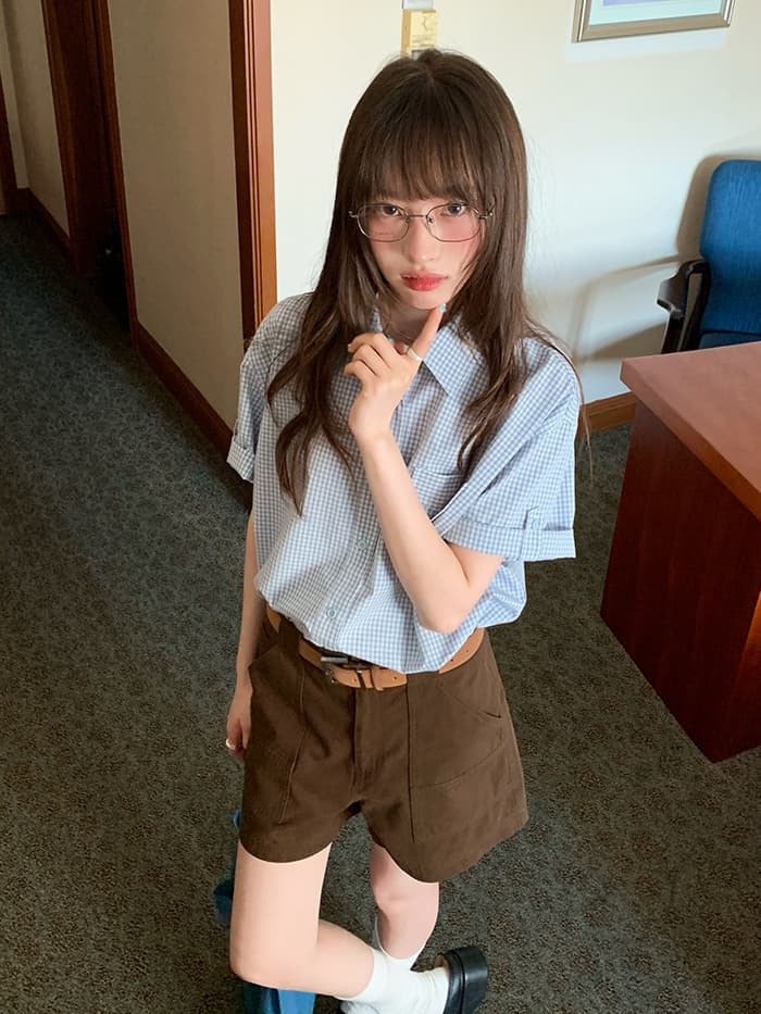 折り返し袖 チェック ゆったり 半袖シャツ LUMIYUMI