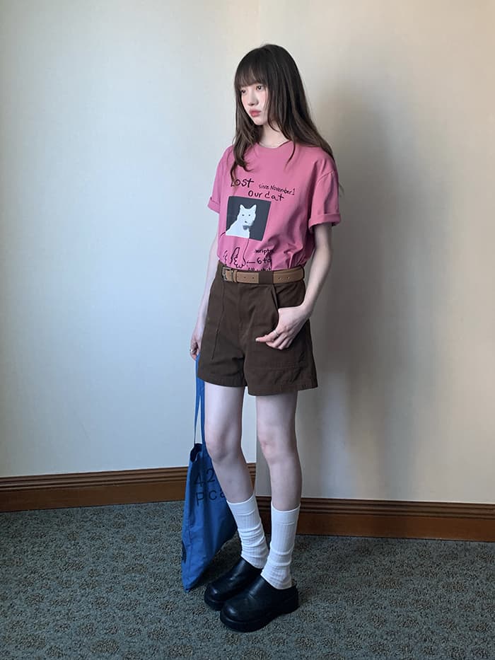 ネコプリント ラウンドネック ゆったりTシャツ LUMIYUMI