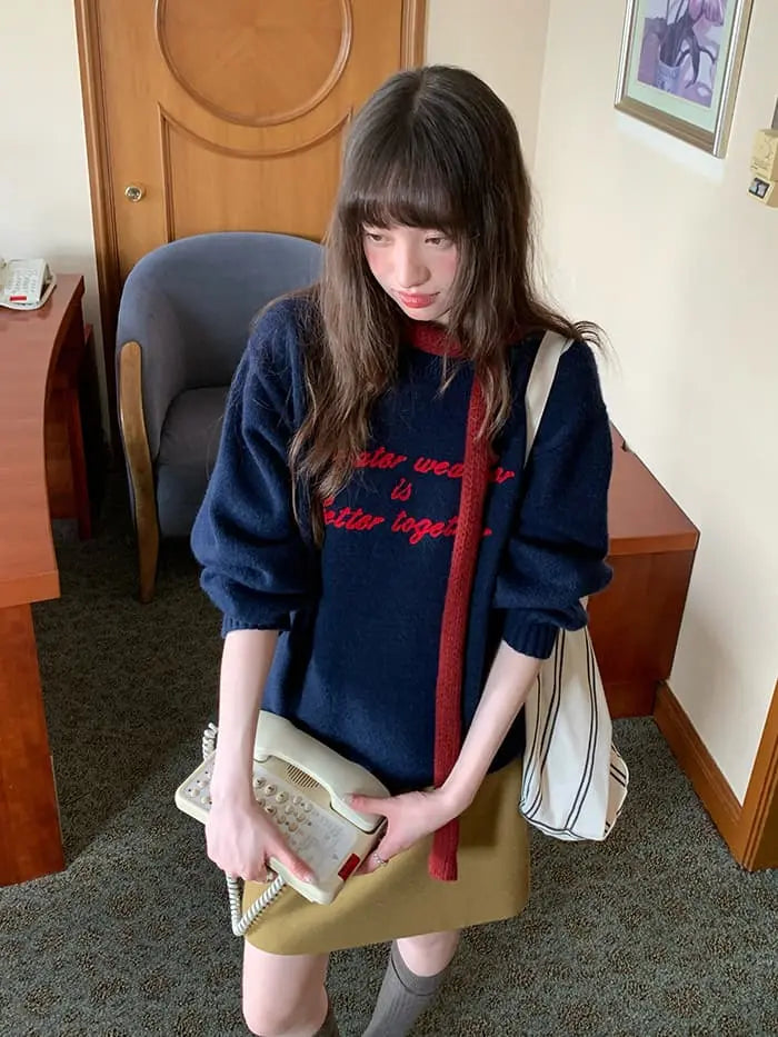 レトロ 配色 ロゴ刺繍 ニット LUMIYUMI