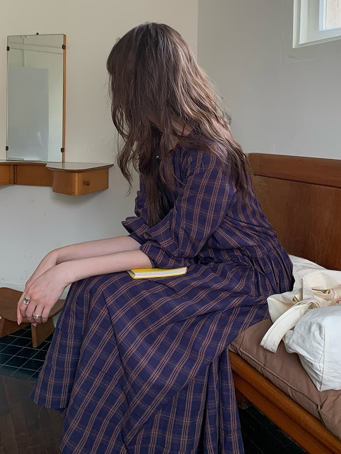 ゆったり Aライン 長袖 チェックワンピース LUMIYUMI