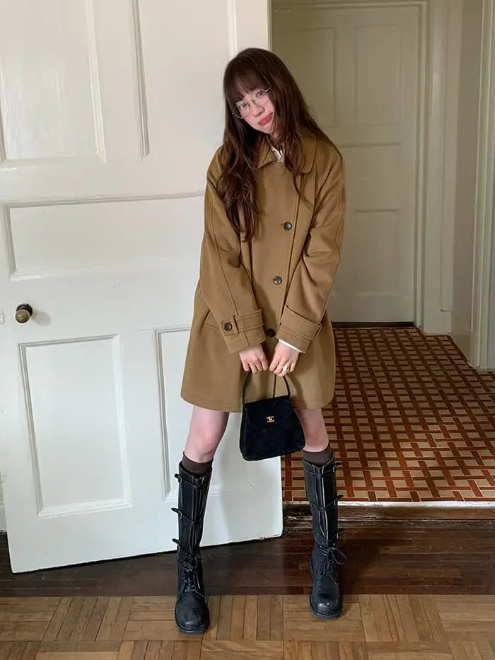 ウールブレンド 折り襟 ミドルコート- LUMIYUMI