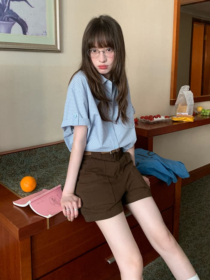 折り返し袖 チェック ゆったり 半袖シャツ LUMIYUMI