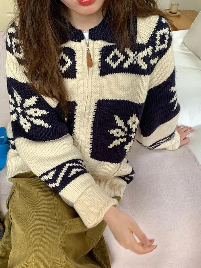 雪柄 ジャカード ZIP カーディガン LUMIYUMI