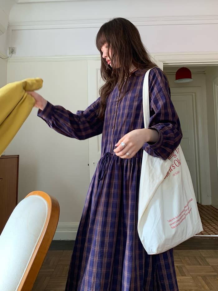 ゆったり Aライン 長袖 チェックワンピース LUMIYUMI