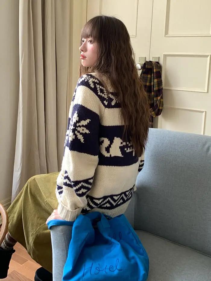 雪柄 ジャカード ZIP カーディガン LUMIYUMI