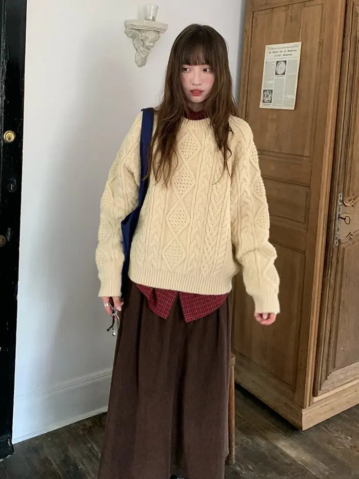 ケーブル編み クルーネック 厚手セーター LUMIYUMI