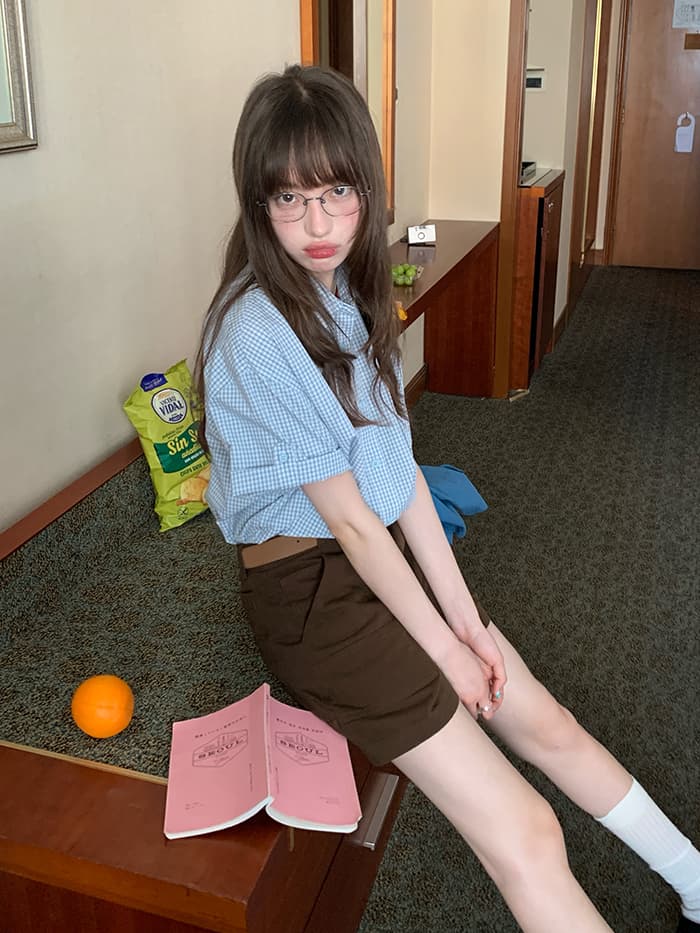 折り返し袖 チェック ゆったり 半袖シャツ LUMIYUMI