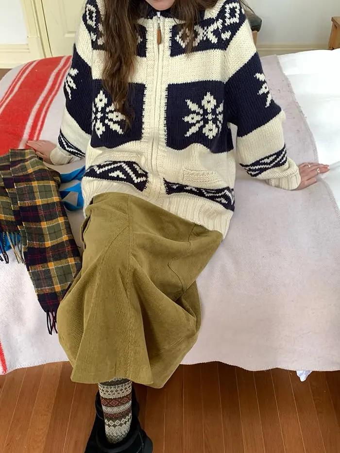 雪柄 ジャカード ZIP カーディガン LUMIYUMI