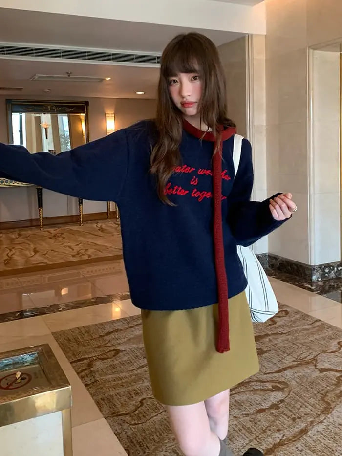 レトロ 配色 ロゴ刺繍 ニット LUMIYUMI