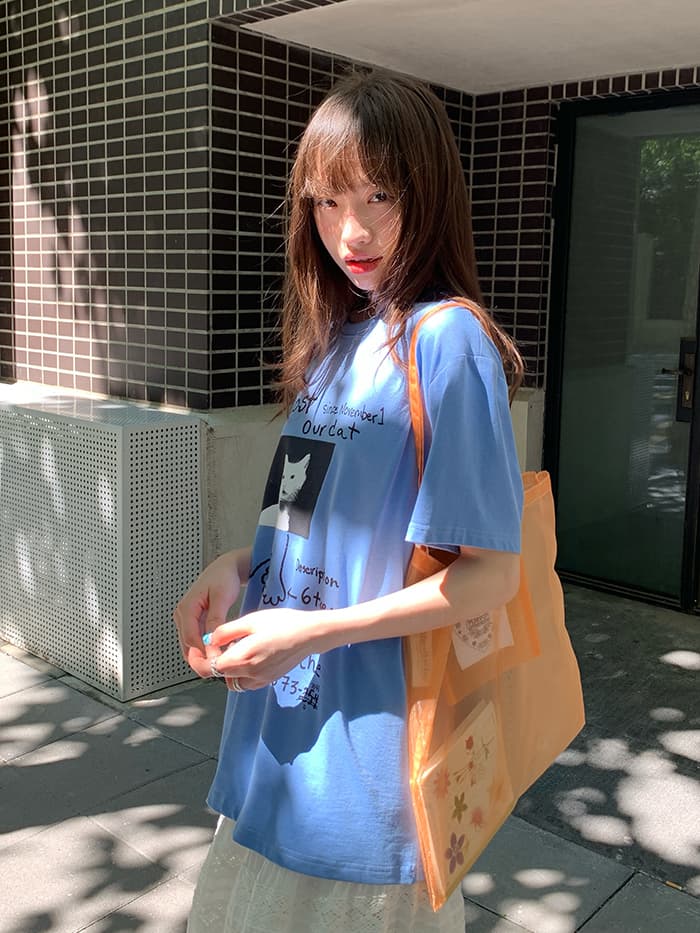 ネコプリント ラウンドネック ゆったりTシャツ LUMIYUMI