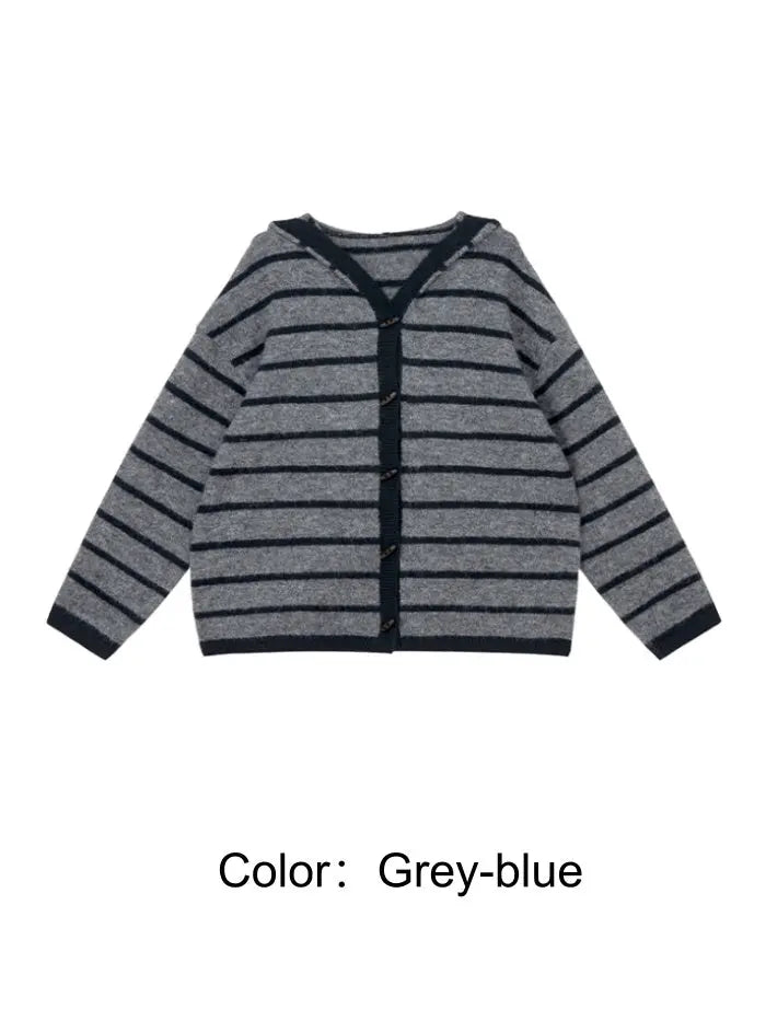 ゆったり フード付き ボーダー ニットカーディガン LUMIYUMI