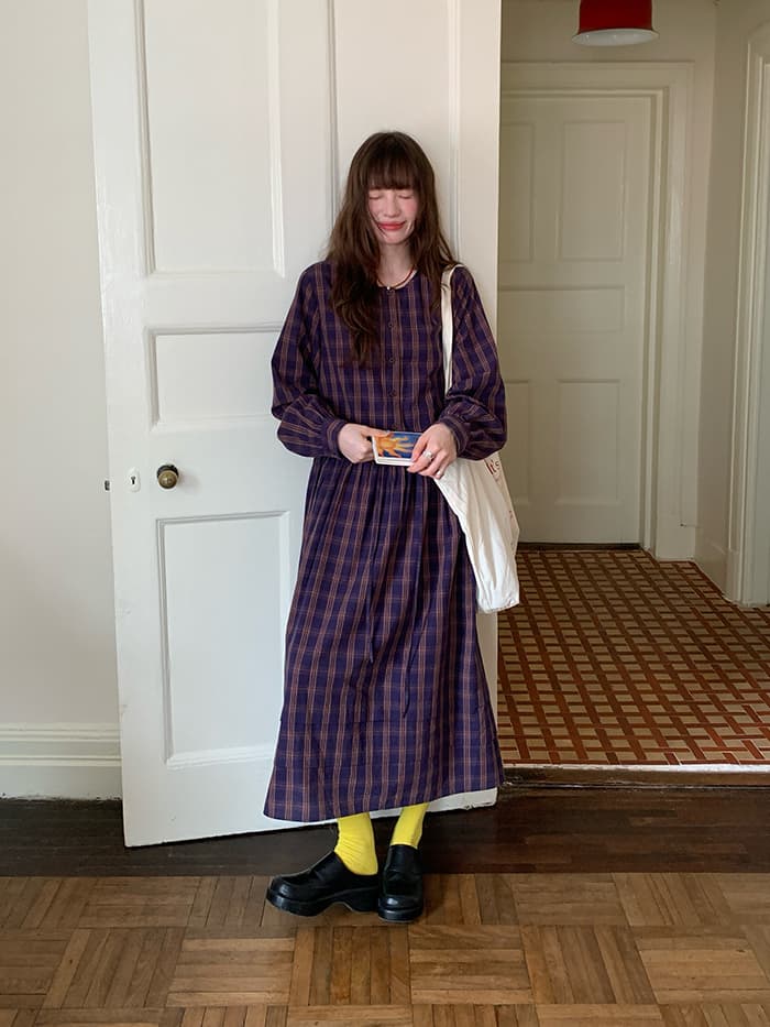 ゆったり Aライン 長袖 チェックワンピース LUMIYUMI