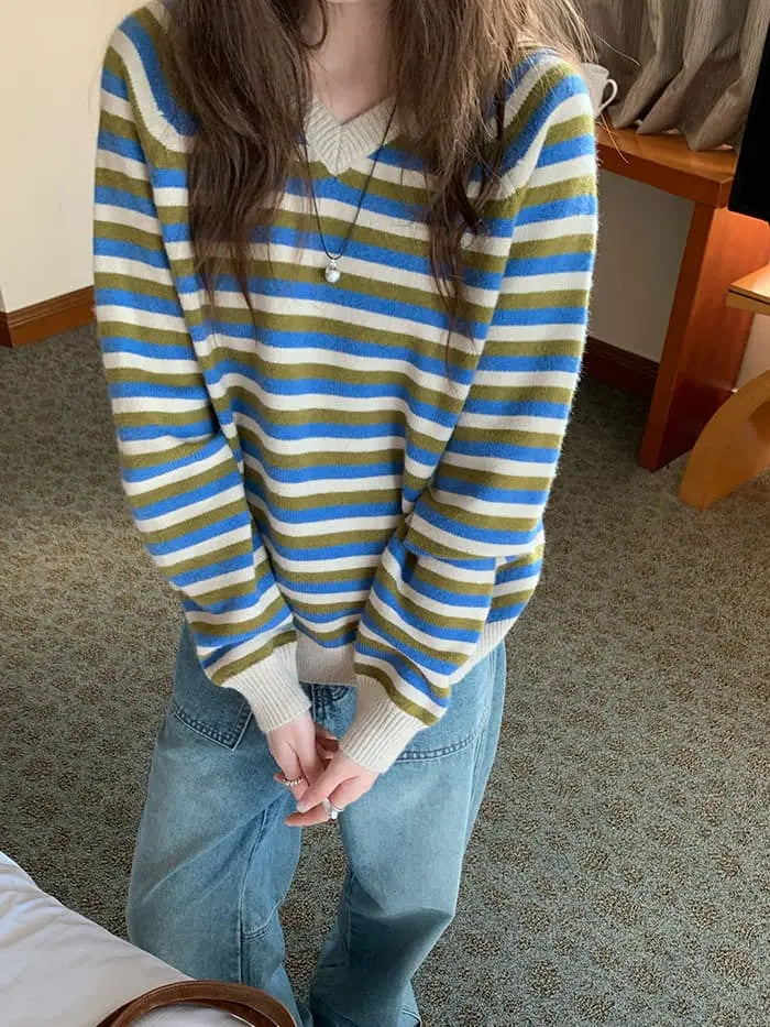 ボーダー配色 Vネック セーター LUMIYUMI