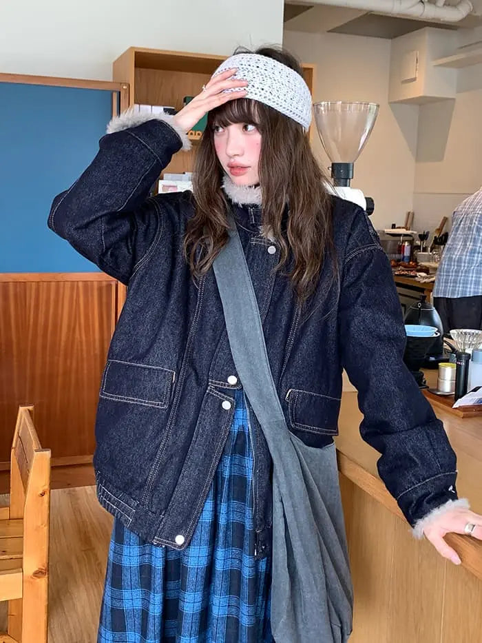 ファー襟 中綿入り デニムブルゾン LUMIYUMI
