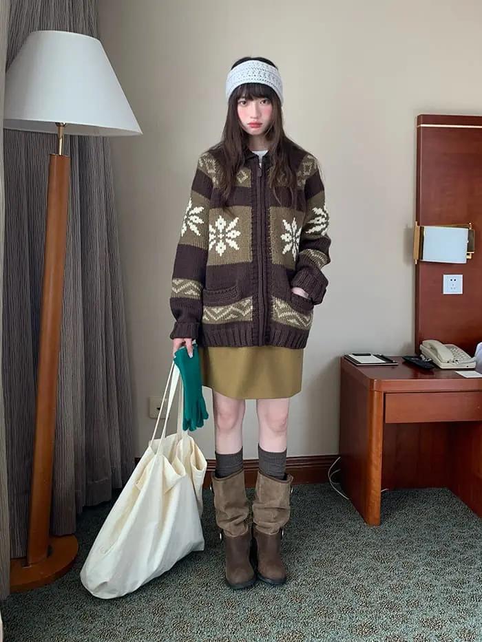 雪柄 ジャカード ZIP カーディガン LUMIYUMI