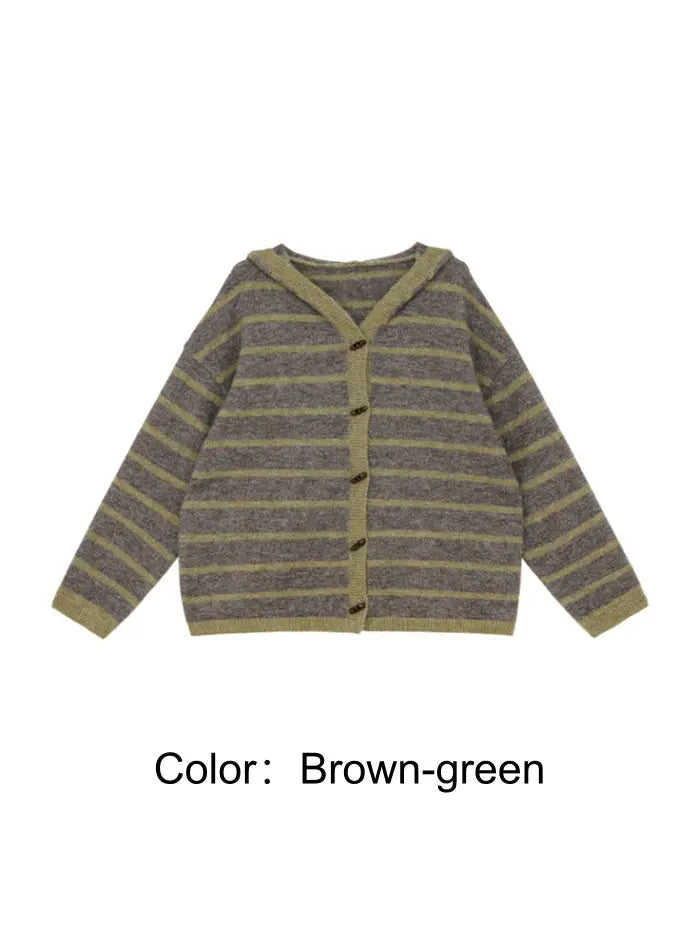 ゆったり フード付き ボーダー ニットカーディガン LUMIYUMI