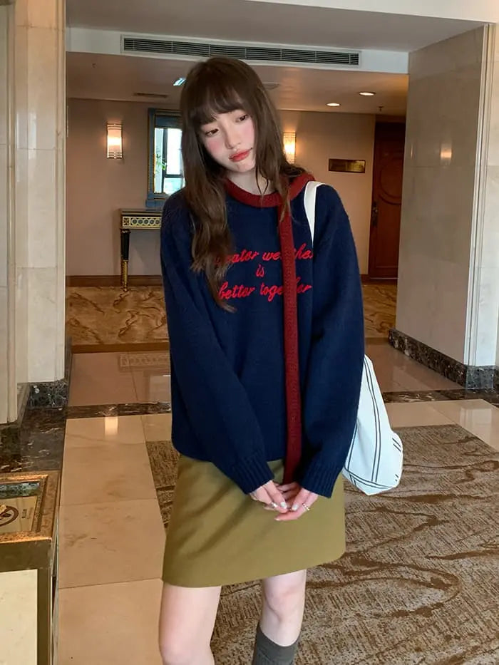 レトロ 配色 ロゴ刺繍 ニット LUMIYUMI