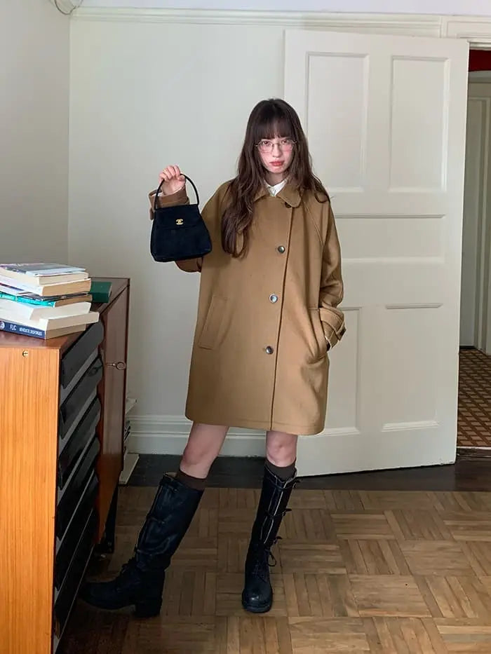 ウールブレンド 折り襟 ミドルコート- LUMIYUMI