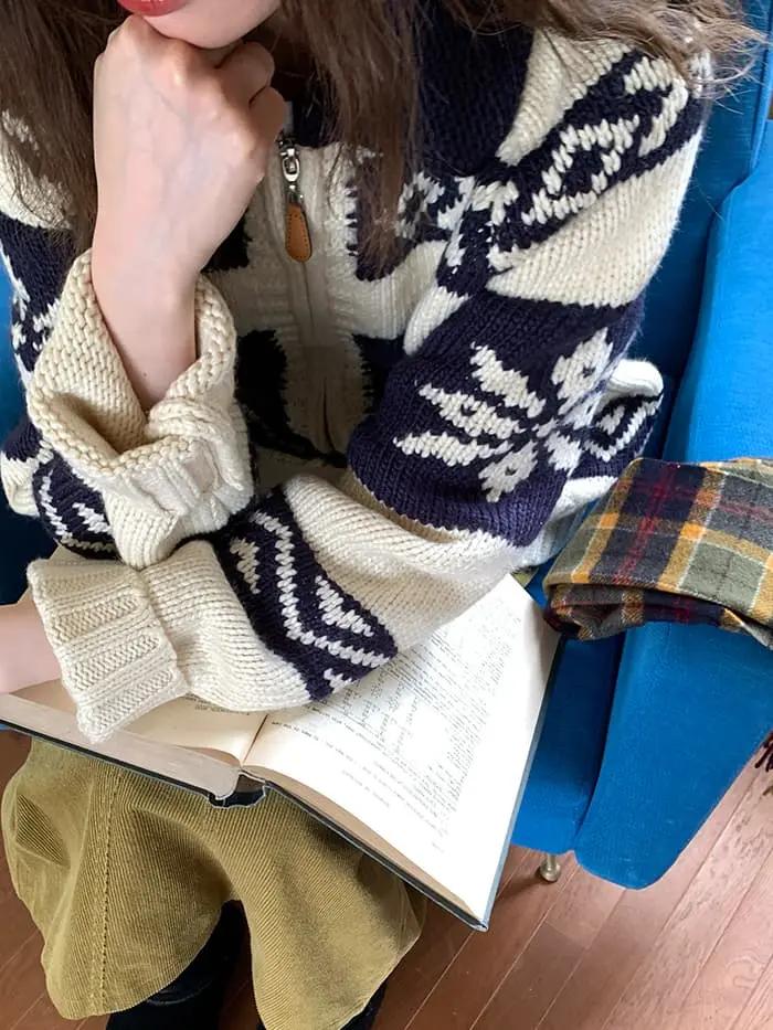 雪柄 ジャカード ZIP カーディガン LUMIYUMI