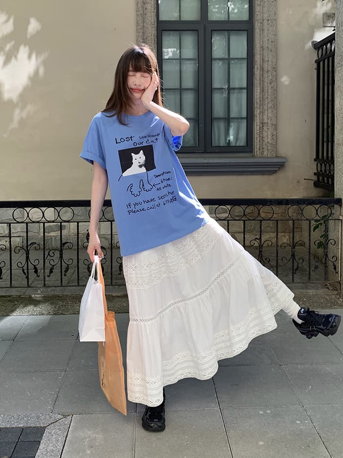 ネコプリント ラウンドネック ゆったりTシャツ LUMIYUMI