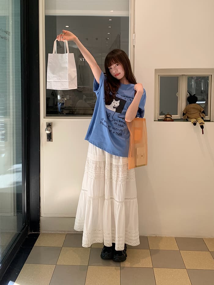 ネコプリント ラウンドネック ゆったりTシャツ LUMIYUMI