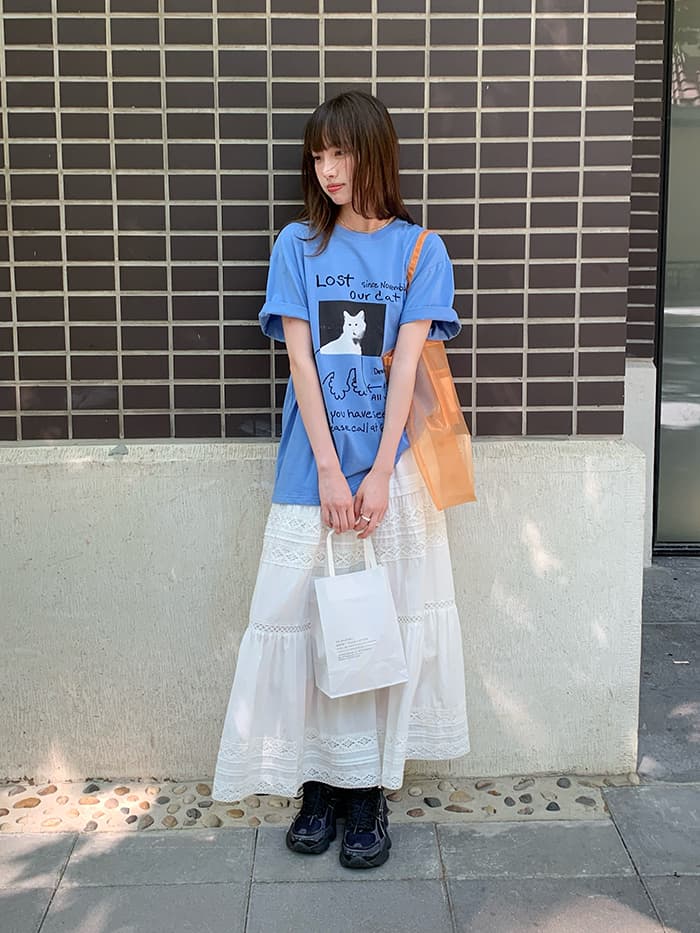 ネコプリント ラウンドネック ゆったりTシャツ LUMIYUMI