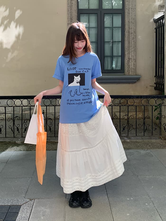 ネコプリント ラウンドネック ゆったりTシャツ LUMIYUMI