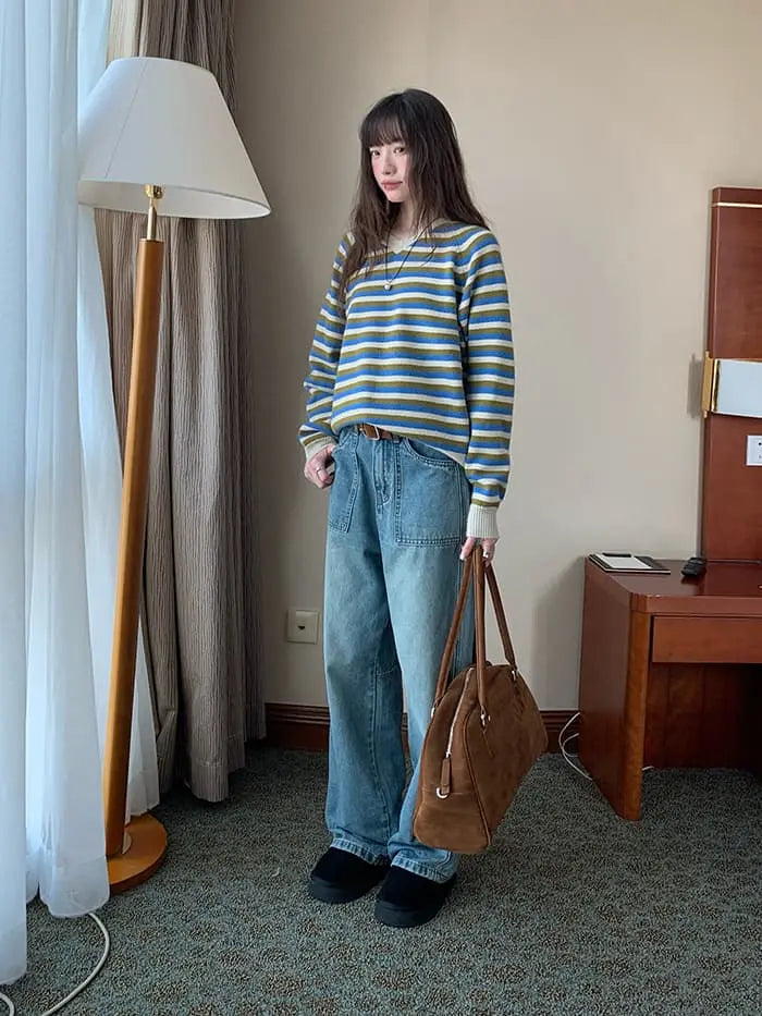 ボーダー配色 Vネック セーター LUMIYUMI