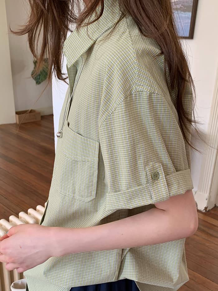 折り返し袖 チェック ゆったり 半袖シャツ LUMIYUMI
