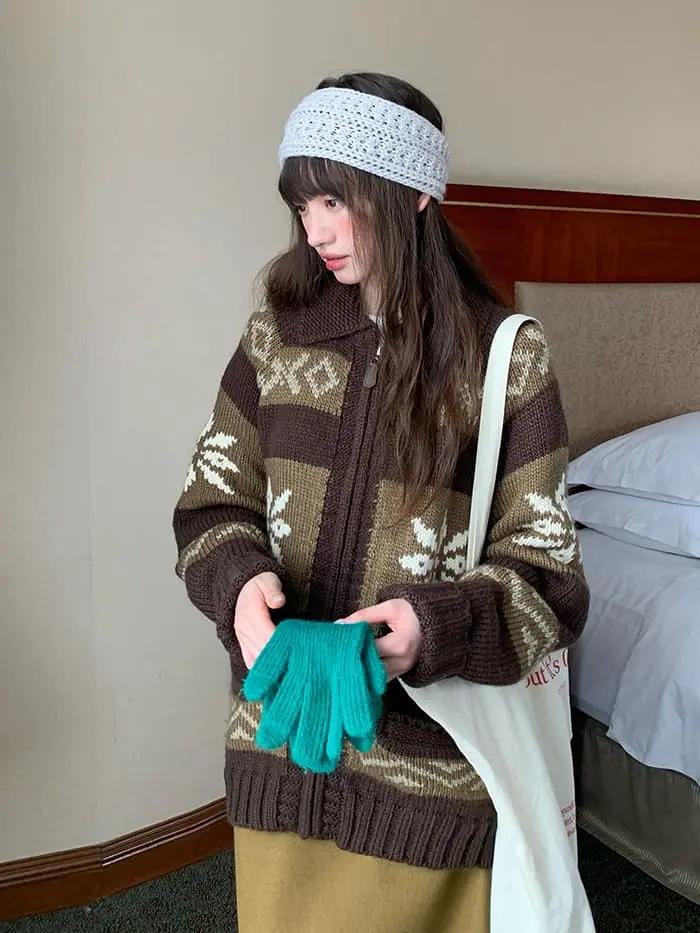 雪柄 ジャカード ZIP カーディガン LUMIYUMI