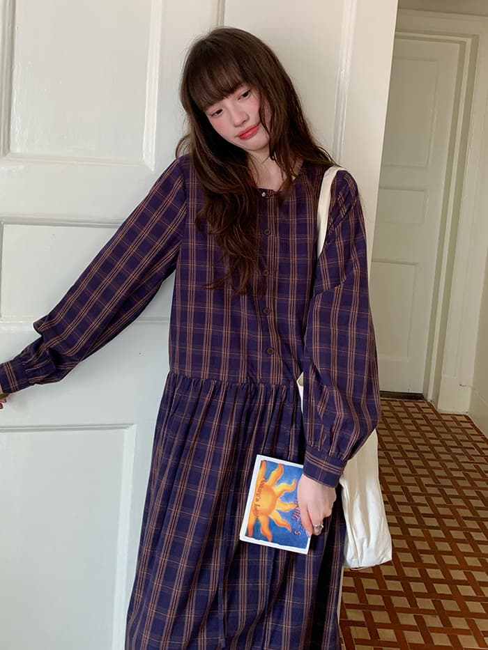 ゆったり Aライン 長袖 チェックワンピース LUMIYUMI