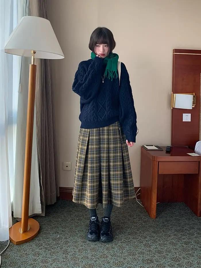 チェック柄 Aライン ミモレ丈 スカート LUMIYUMI