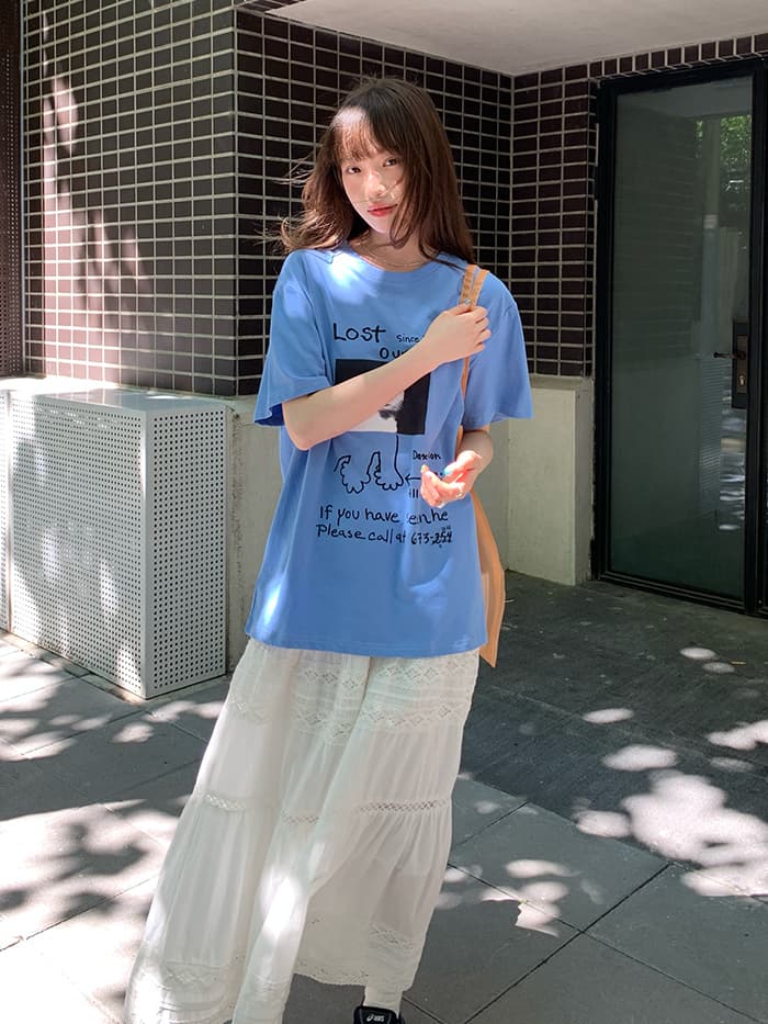 ネコプリント ラウンドネック ゆったりTシャツ LUMIYUMI