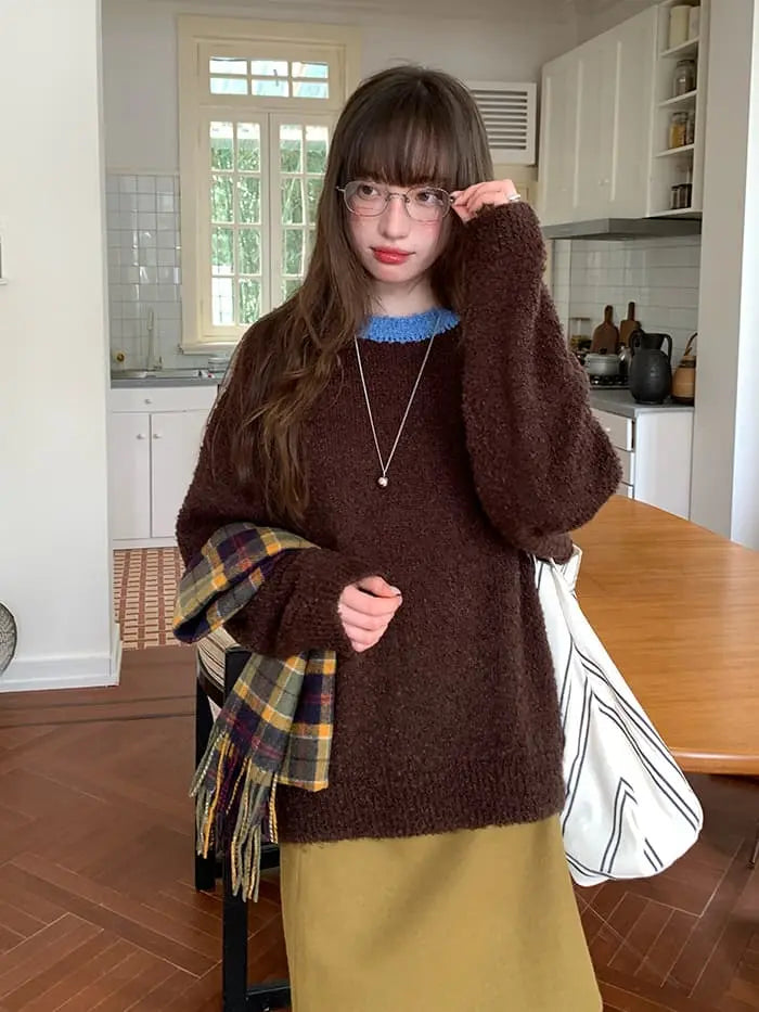 襟配色 ふわもち ニットプルオーバー LUMIYUMI